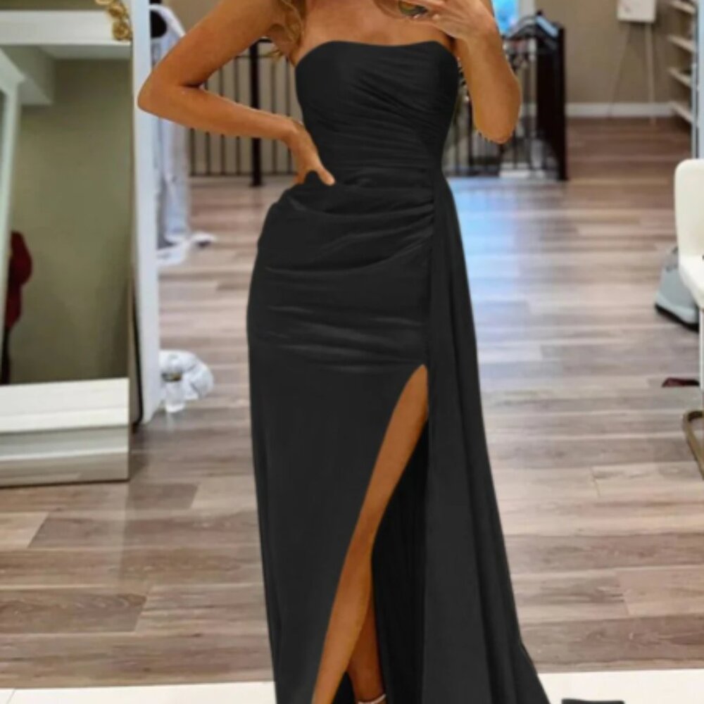 Mermaid Strapless Satin Long Prom Dresses With Split
